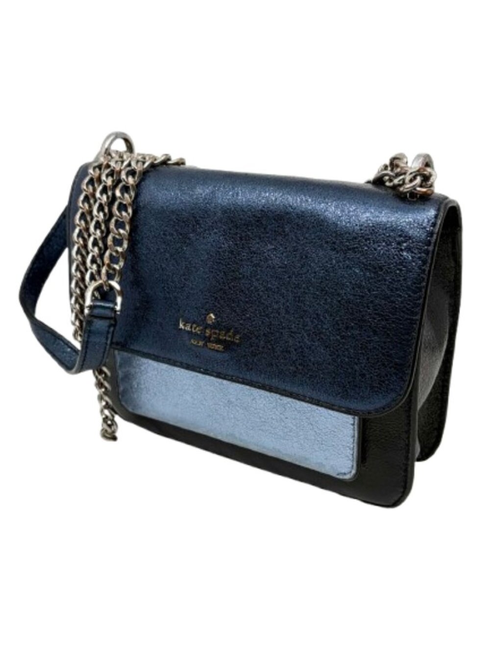 KATE SPADE~Remi Tricolor Metallic Leather Flap Chain Crossbody Bag~NAVY ICY BLUE